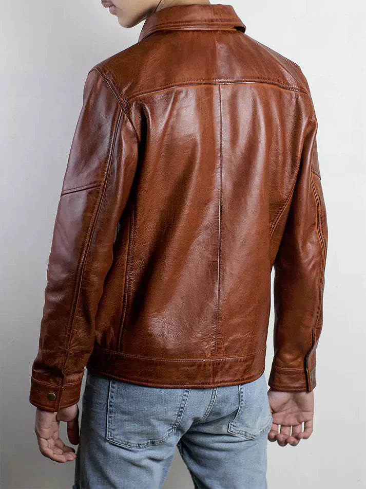 Corven Men's Polo Collar Brown Leather Jacket