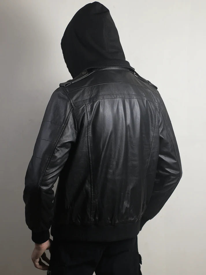 Men’s Black Leather Bomber Jacket with Hood
