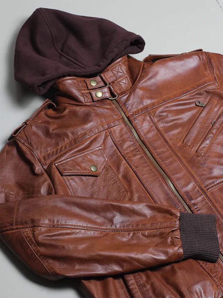 Vintage Brown Hooded Leather Bomber Jacket