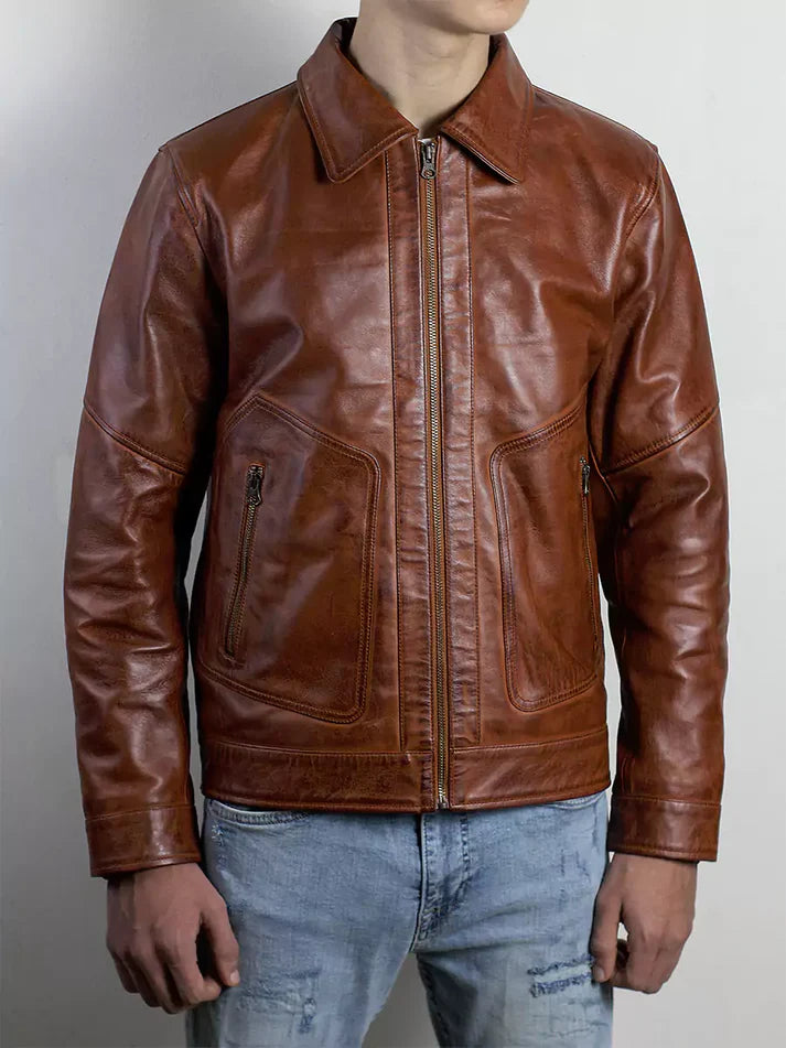 Corven Men's Polo Collar Brown Leather Jacket