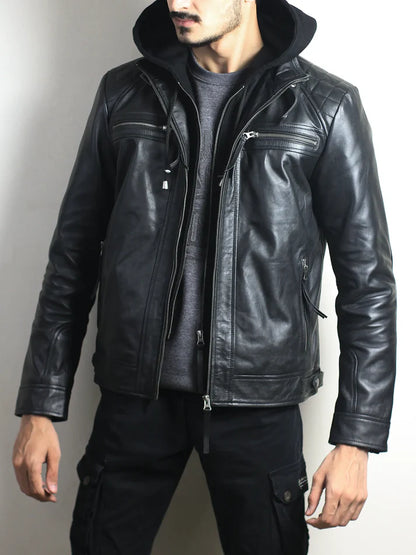 Men’s Black Biker Leather Jacket with Quilted Shoulders