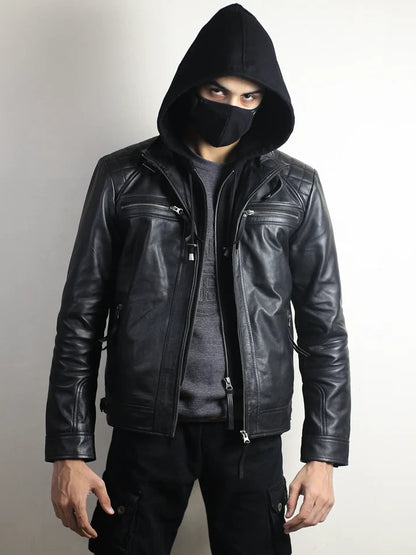Men’s Black Biker Leather Jacket with Quilted Shoulders
