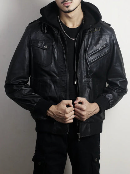 Men’s Black Leather Bomber Jacket with Hood