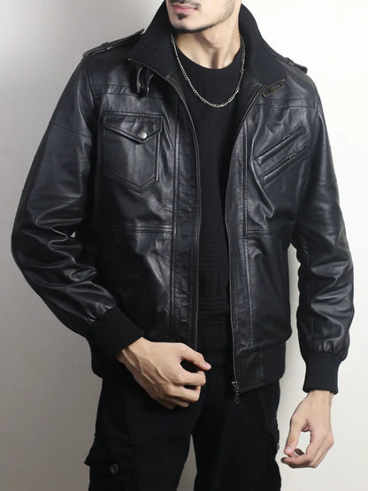 Men’s Black Leather Bomber Jacket with Hood