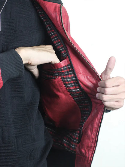 Red Leather Bomber Jacket with Removable Hood