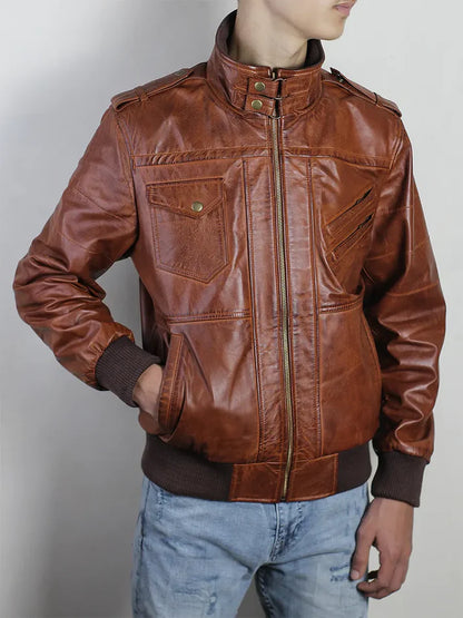 Vintage Brown Hooded Leather Bomber Jacket