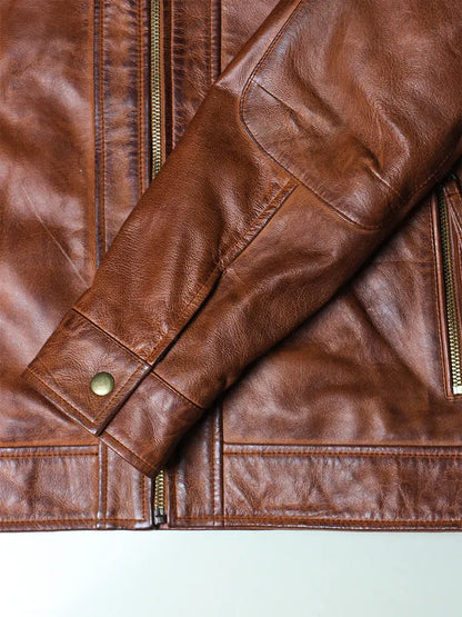Men’s Brown Leather Biker Jacket with Detachable Hood
