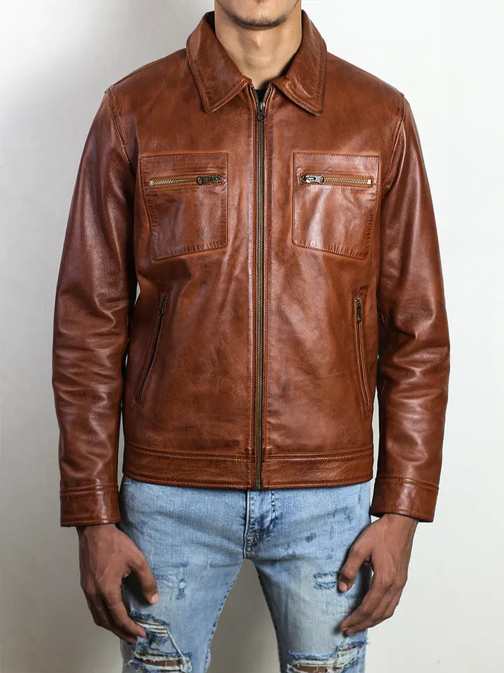 IronHaven Men's Cognac Brown Leather Jacket