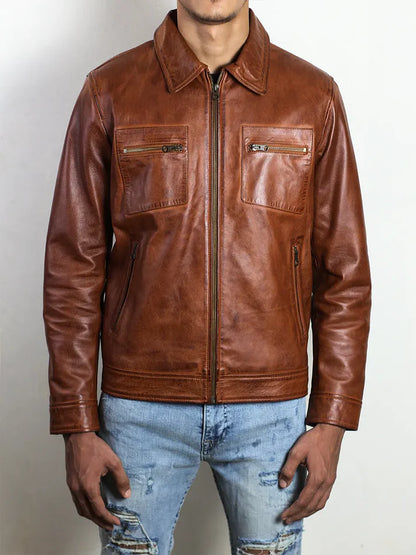 IronHaven Men's Cognac Brown Leather Jacket