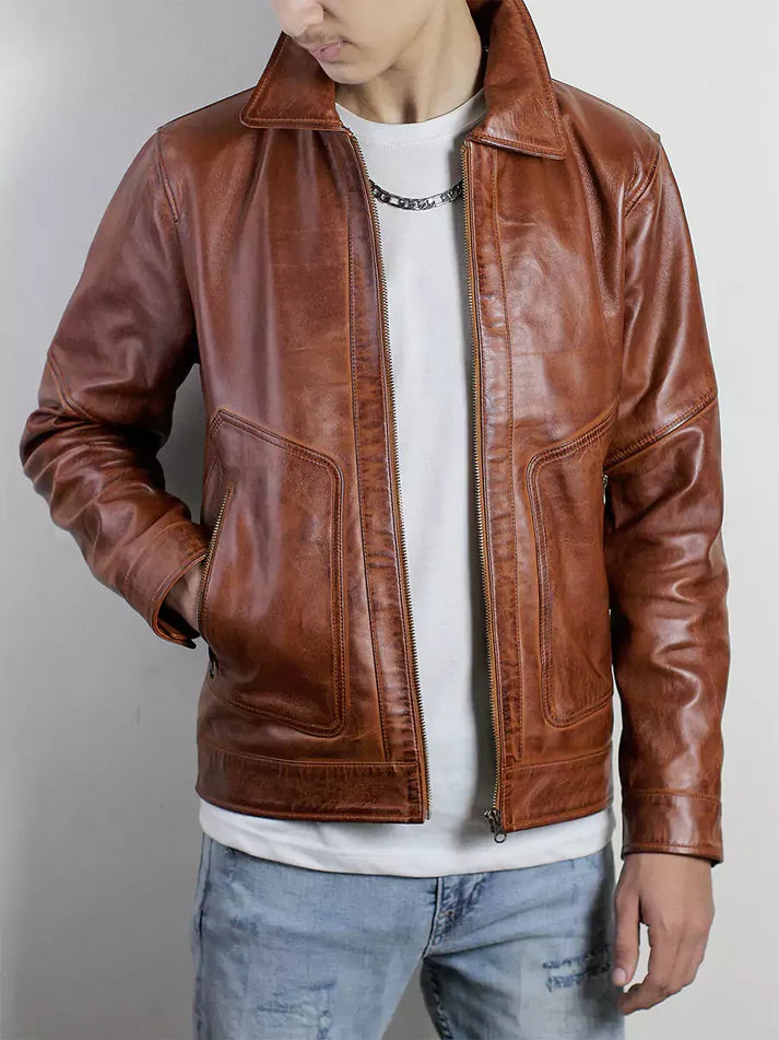 Corven Men's Polo Collar Brown Leather Jacket