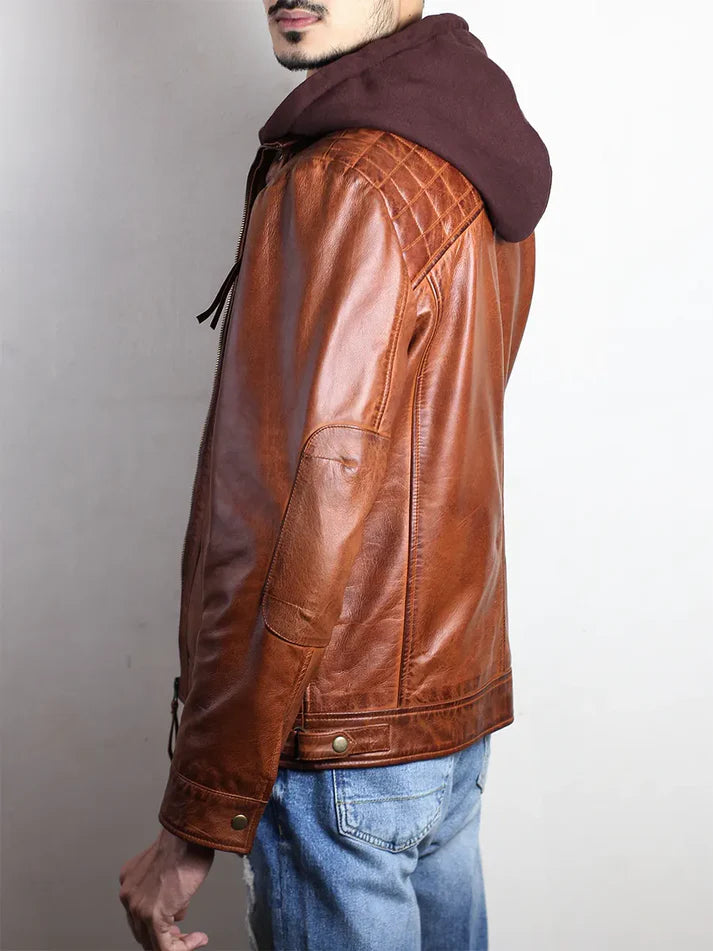 Men’s Brown Leather Biker Jacket with Detachable Hood