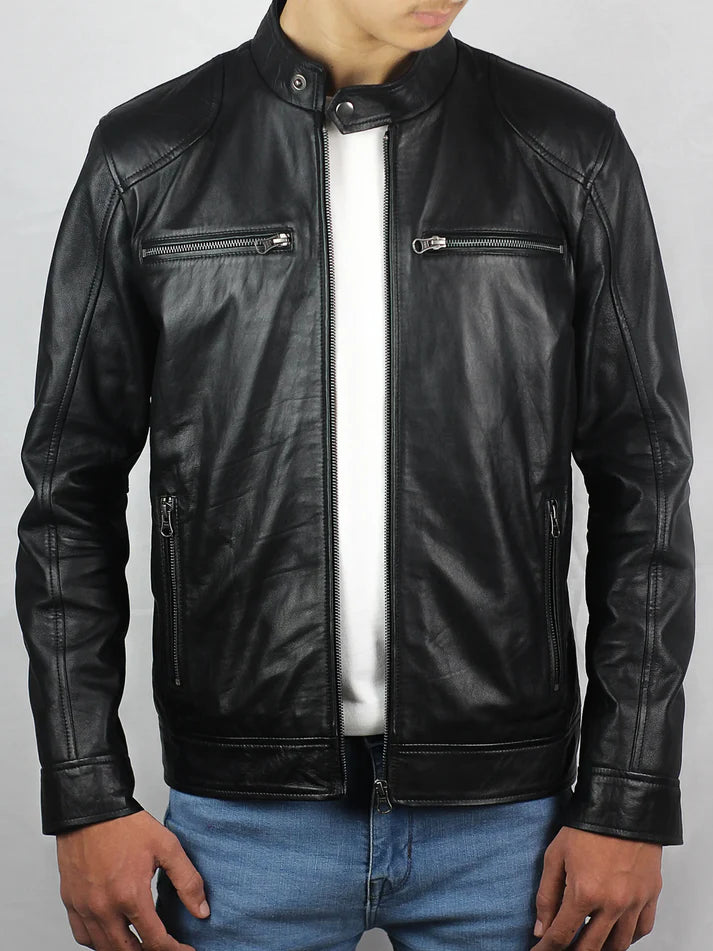Men’s Classic Black Cafe Racer Leather Jacket