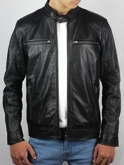 Men’s Classic Black Cafe Racer Leather Jacket