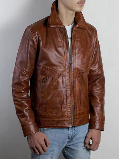 Corven Men's Polo Collar Brown Leather Jacket