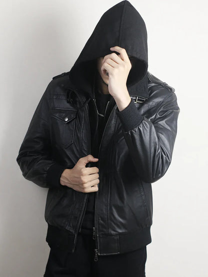 Men’s Black Leather Bomber Jacket with Hood