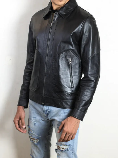 Corven Men's Polo Collar Black Leather Jacket