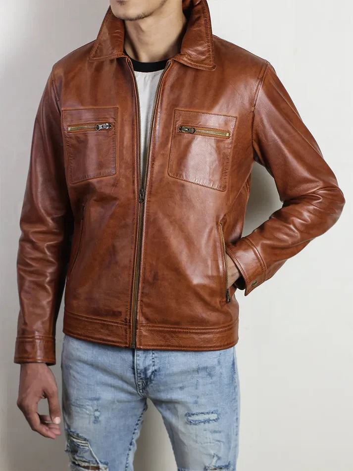 IronHaven Men's Cognac Brown Leather Jacket