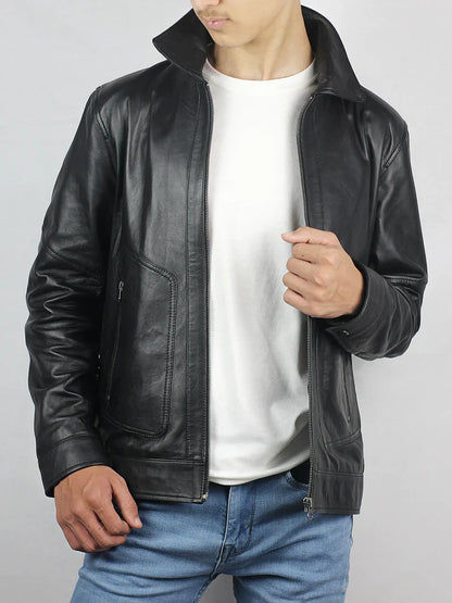 Corven Men's Polo Collar Black Leather Jacket
