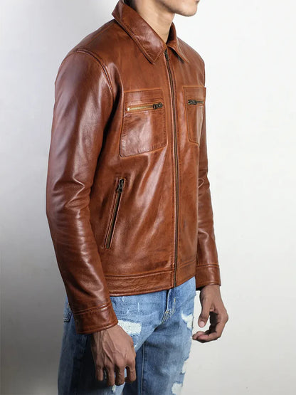 IronHaven Men's Cognac Brown Leather Jacket