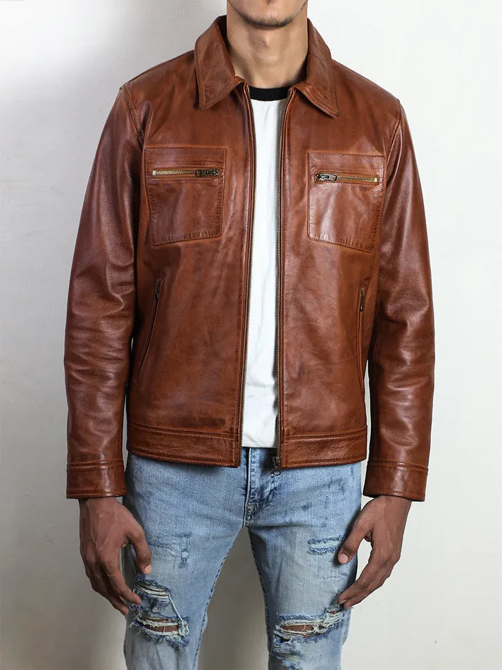 IronHaven Men's Cognac Brown Leather Jacket