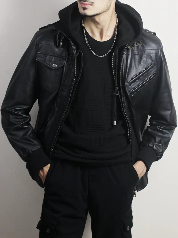 Men’s Black Leather Bomber Jacket with Hood