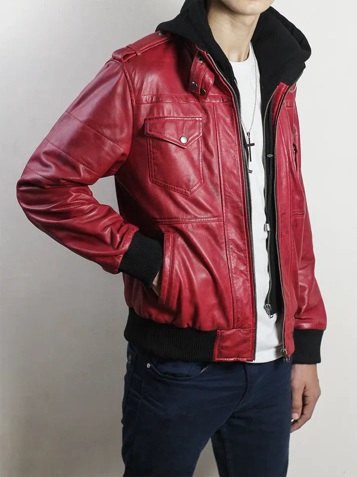 Red Leather Bomber Jacket with Removable Hood