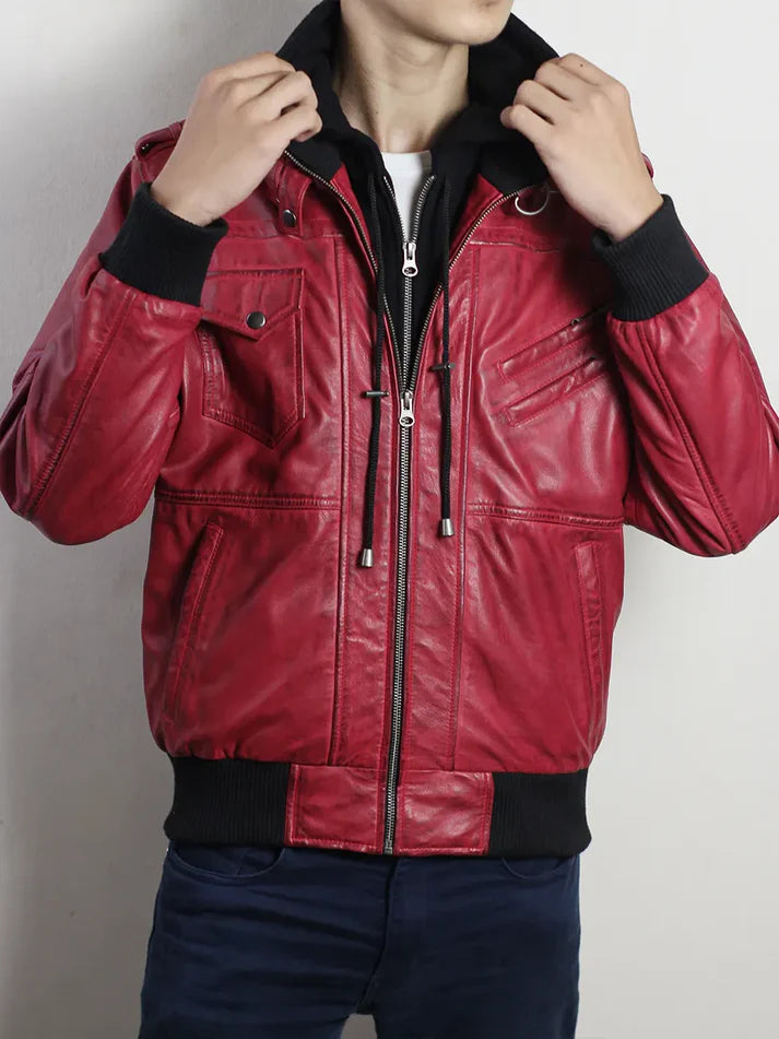 Red Leather Bomber Jacket with Removable Hood