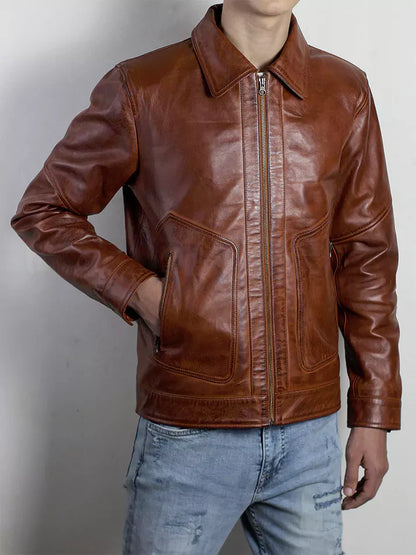Corven Men's Polo Collar Brown Leather Jacket