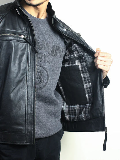 Men’s Black Biker Leather Jacket with Quilted Shoulders