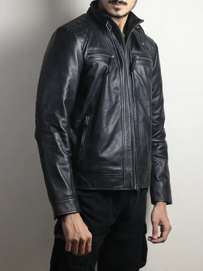 Men’s Black Biker Leather Jacket with Quilted Shoulders