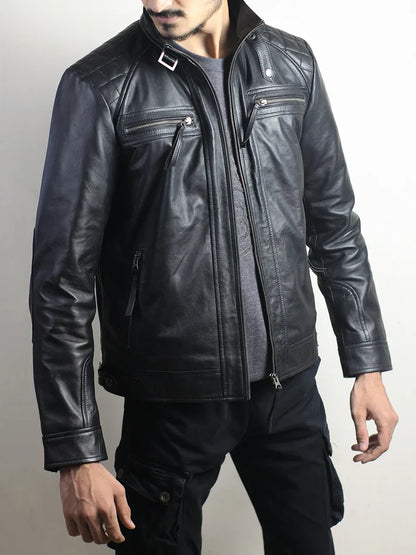 Men’s Black Biker Leather Jacket with Quilted Shoulders