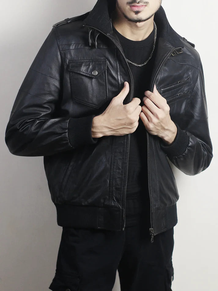 Men’s Black Leather Bomber Jacket with Hood