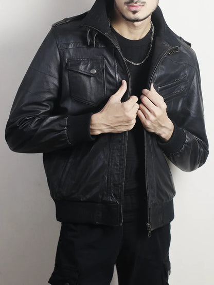 Men’s Black Leather Bomber Jacket with Hood