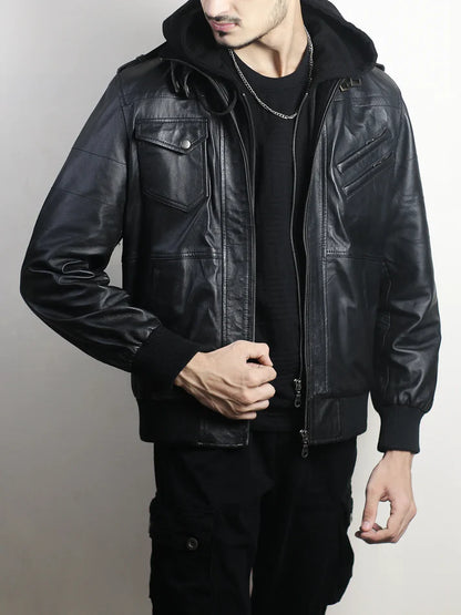 Men’s Black Leather Bomber Jacket with Hood