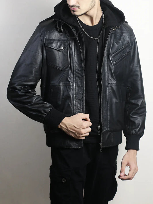 Men’s Black Leather Bomber Jacket with Hood