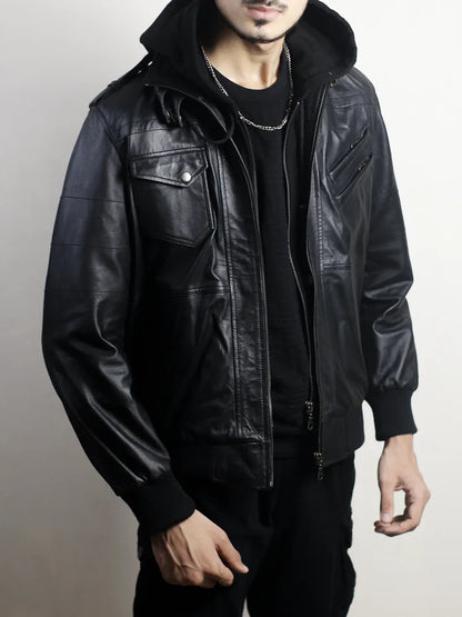 Men’s Black Leather Bomber Jacket with Hood
