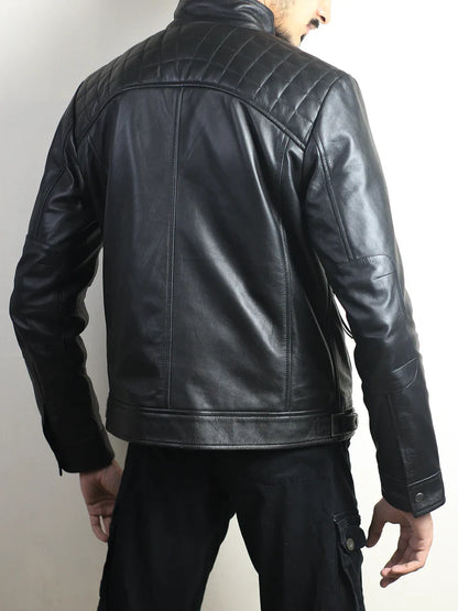 Men’s Black Biker Leather Jacket with Quilted Shoulders