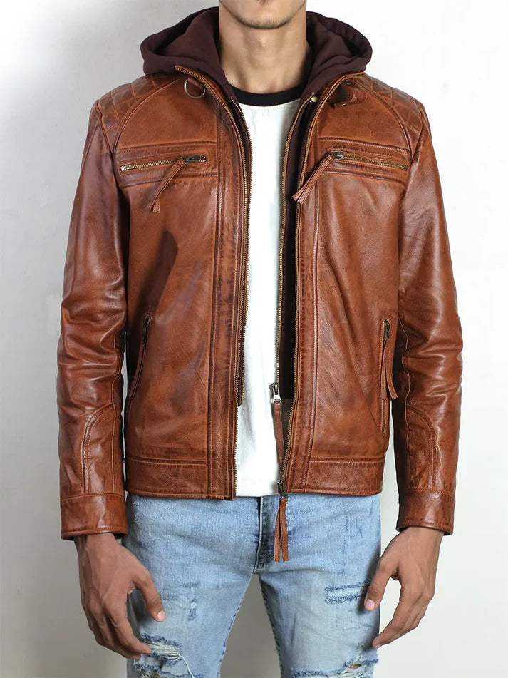 Men’s Brown Leather Biker Jacket with Detachable Hood