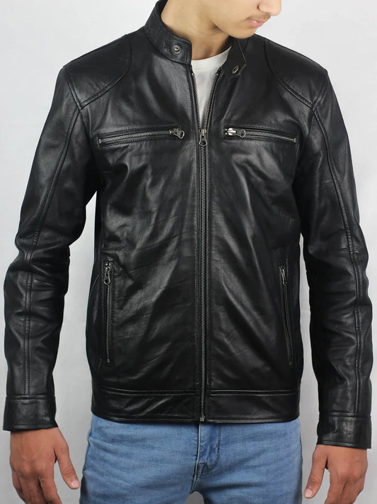 Men’s Classic Black Cafe Racer Leather Jacket