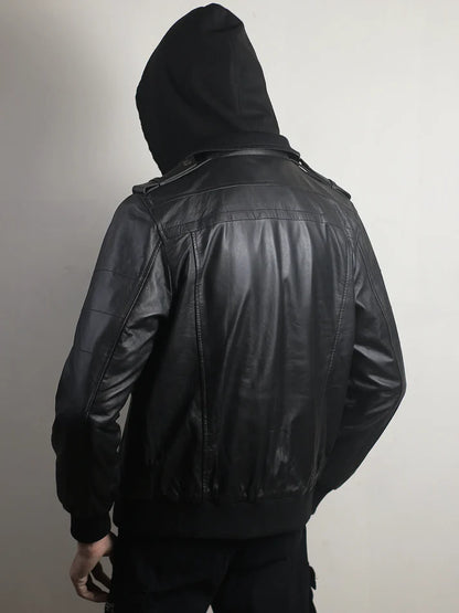 Men’s Black Leather Bomber Jacket with Hood