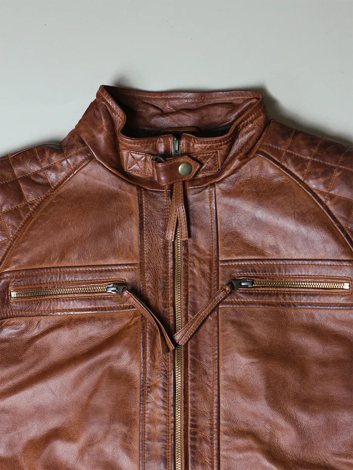 Men’s Brown Leather Biker Jacket with Detachable Hood