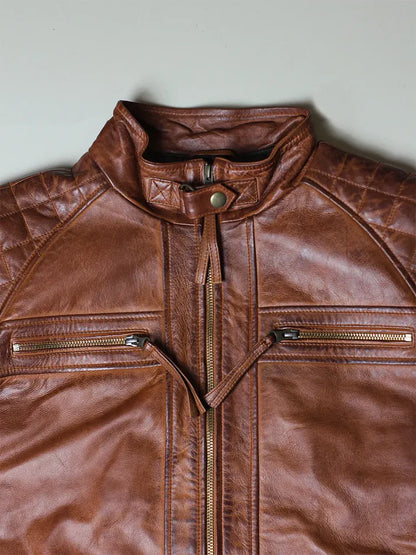 Men’s Brown Leather Biker Jacket with Detachable Hood
