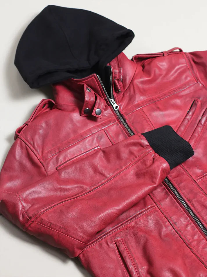 Red Leather Bomber Jacket with Removable Hood