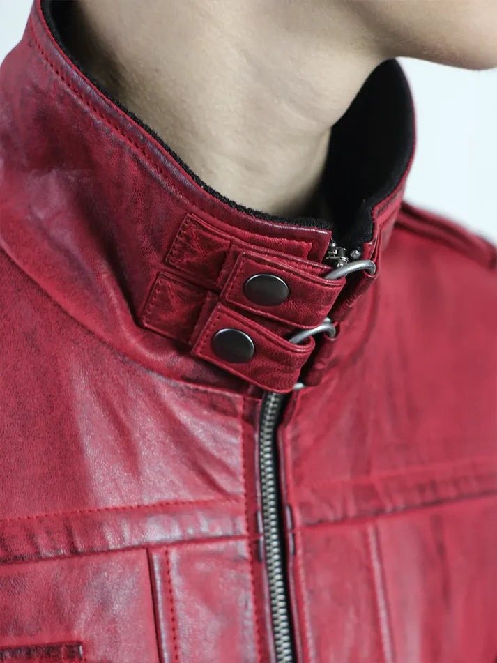 Red Leather Bomber Jacket with Removable Hood