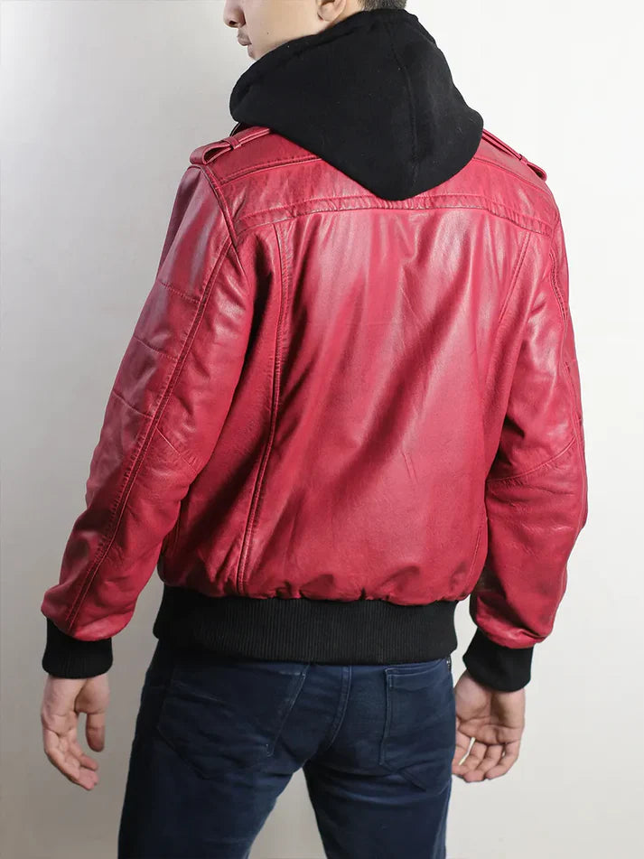 Red Leather Bomber Jacket with Removable Hood