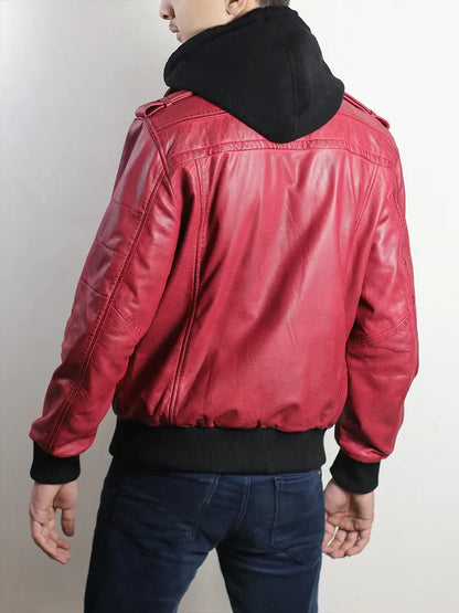 Red Leather Bomber Jacket with Removable Hood