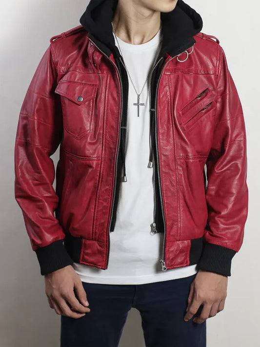 Red Leather Bomber Jacket with Removable Hood