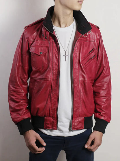 Red Leather Bomber Jacket with Removable Hood