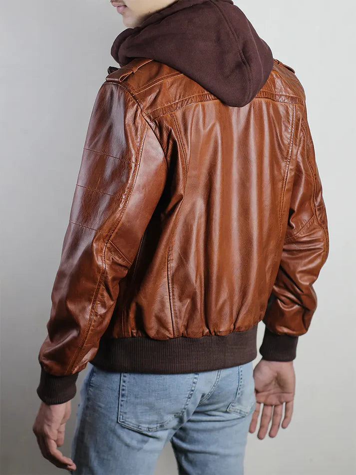 Vintage Brown Hooded Leather Bomber Jacket