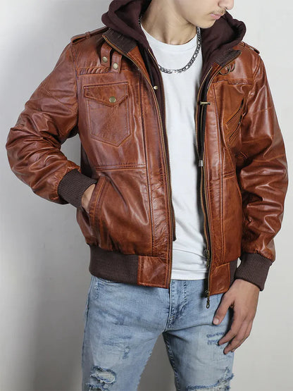 Vintage Brown Hooded Leather Bomber Jacket